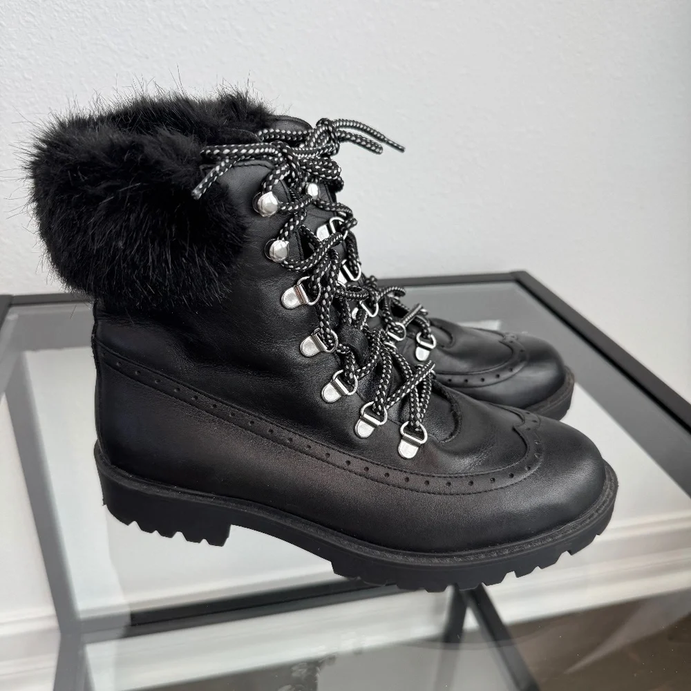 CHARLES DAVID Leather Black Combat Boots Faux Fur Trim Size 8 - Picture 1 of 14